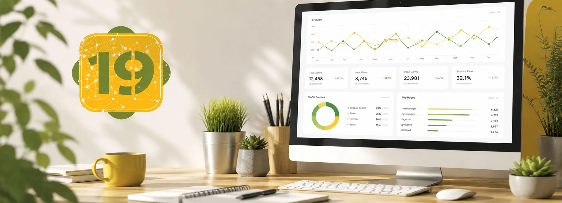 Design-Agentur Design Agentur Netzwerkstatt19 – moderner Arbeitsplatz mit Webdesign, SEO-Statistiken und digitalen Marketinglösungen für erfolgreiche Markenauftritte.