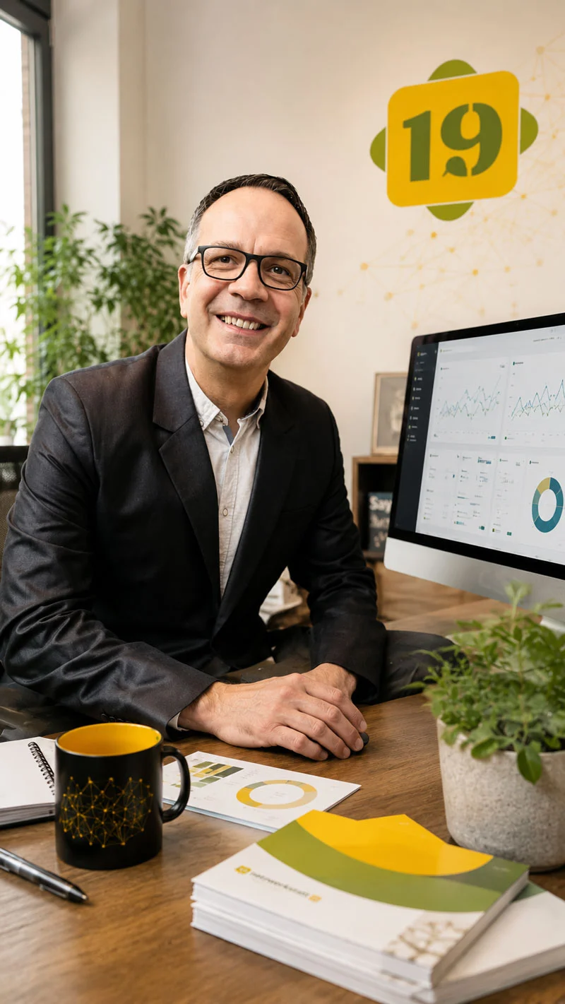 Digitale-Full-Service-Agentu-Geschaeftsfuehrer Digitale Full Service Agentur Netzwerkstatt19 – Geschäftsführer im modernen Büro mit Webdesign, SEO-Analyse, Online-Marketing und digitalen Strategien für Unternehmen.