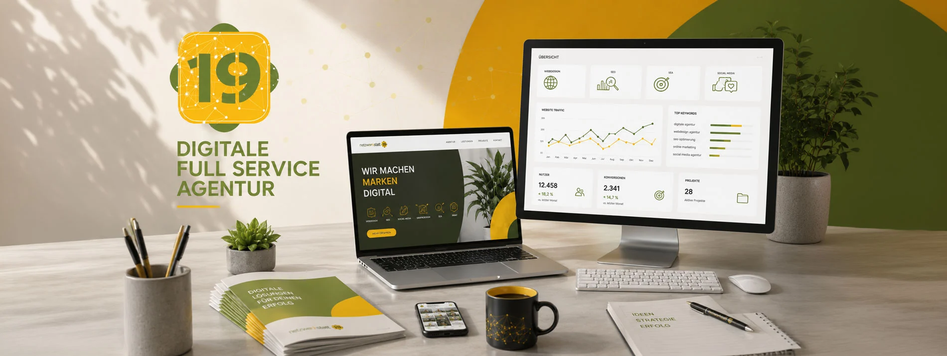 Digitale-Full-Service-Agentur Digitale Full Service Agentur Netzwerkstatt19 – moderner Arbeitsplatz mit Webdesign, SEO, Google Ads, Social Media und digitalen Marketinglösungen für Unternehmen.