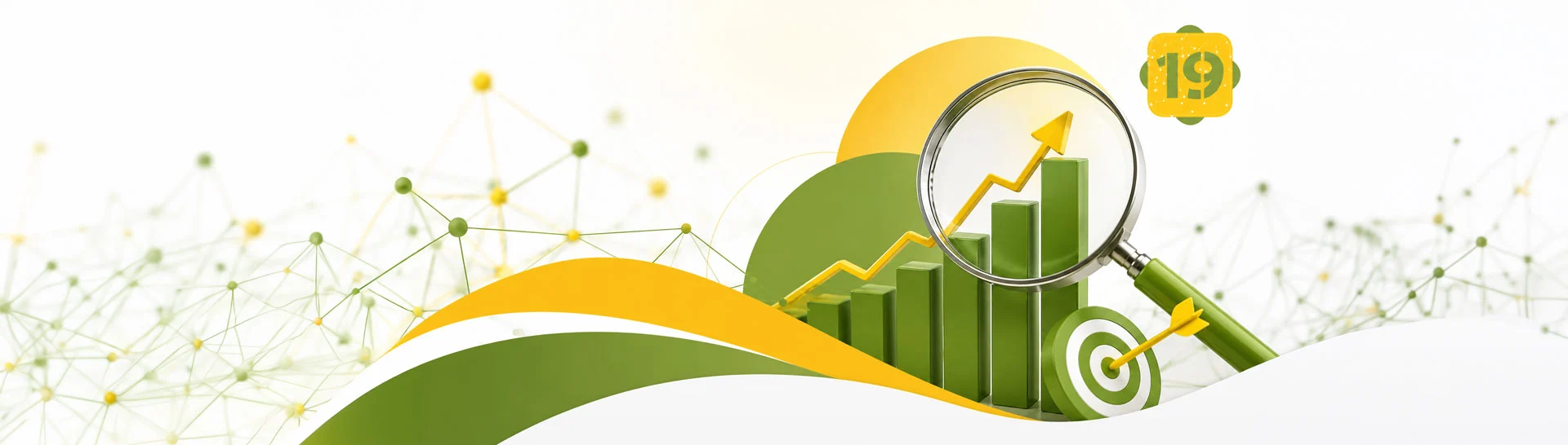 Modernes Banner der SEO Agentur Netzwerkstatt19 mit Symbolen für Suchmaschinenoptimierung, Google-Rankings, SEO-Analyse und digitales Wachstum in den Unternehmensfarben Grün und Gelb.